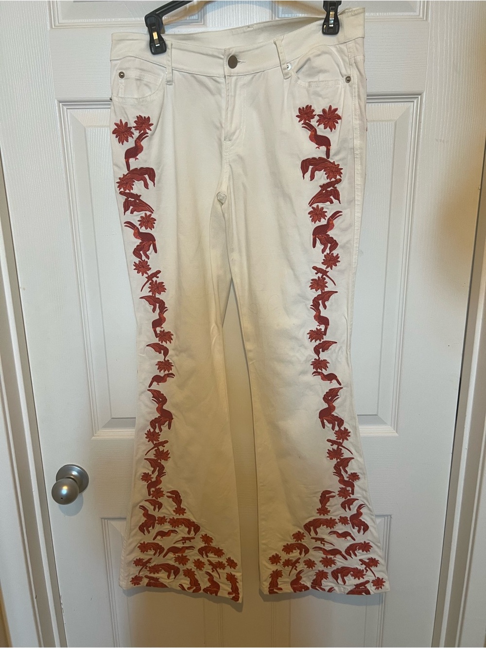 White Women's Embroidered Flare Jeans with Red Floral Trim